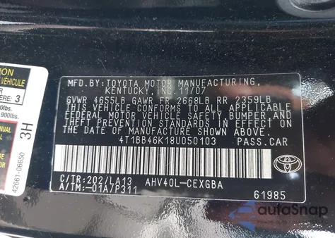 2008 Toyota Camry Hybrid z USA, uszkodzony, nr VIN 4T1BB46K18U050103